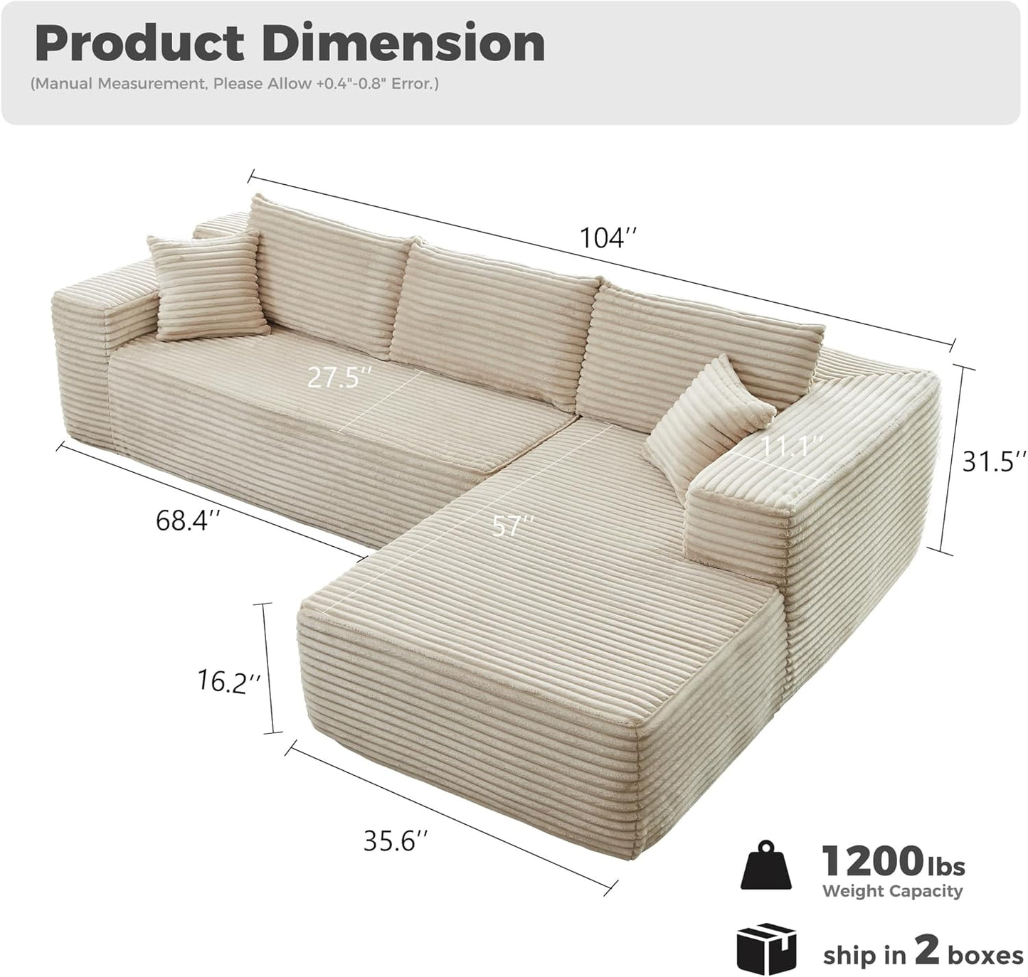 HOOOWOOO Cloud Sectional Couches for Living Room,Modular Sectional Sofa No Assembly,Plush Corduroy Large Floor Couch Furniture Set with Deep Seat Right Chaise L Shape(Beige)