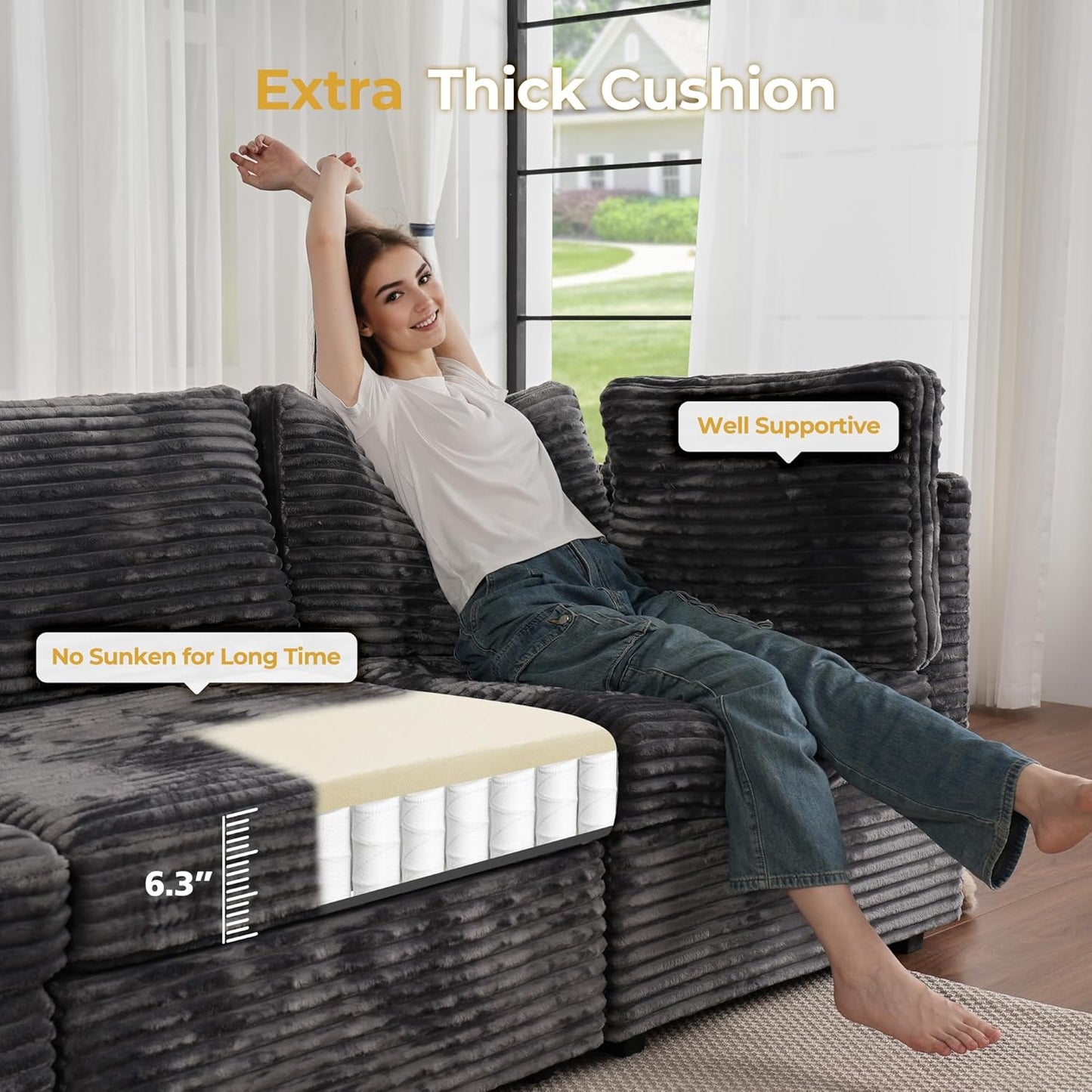 HOOOWOOO Modular Sectional Sofa,8 Pieces Sectional Couches for Living Room,131X98 L Shaped Cloud Couch with Ottoman Chaise Set(Gray Velvet Corduroy)