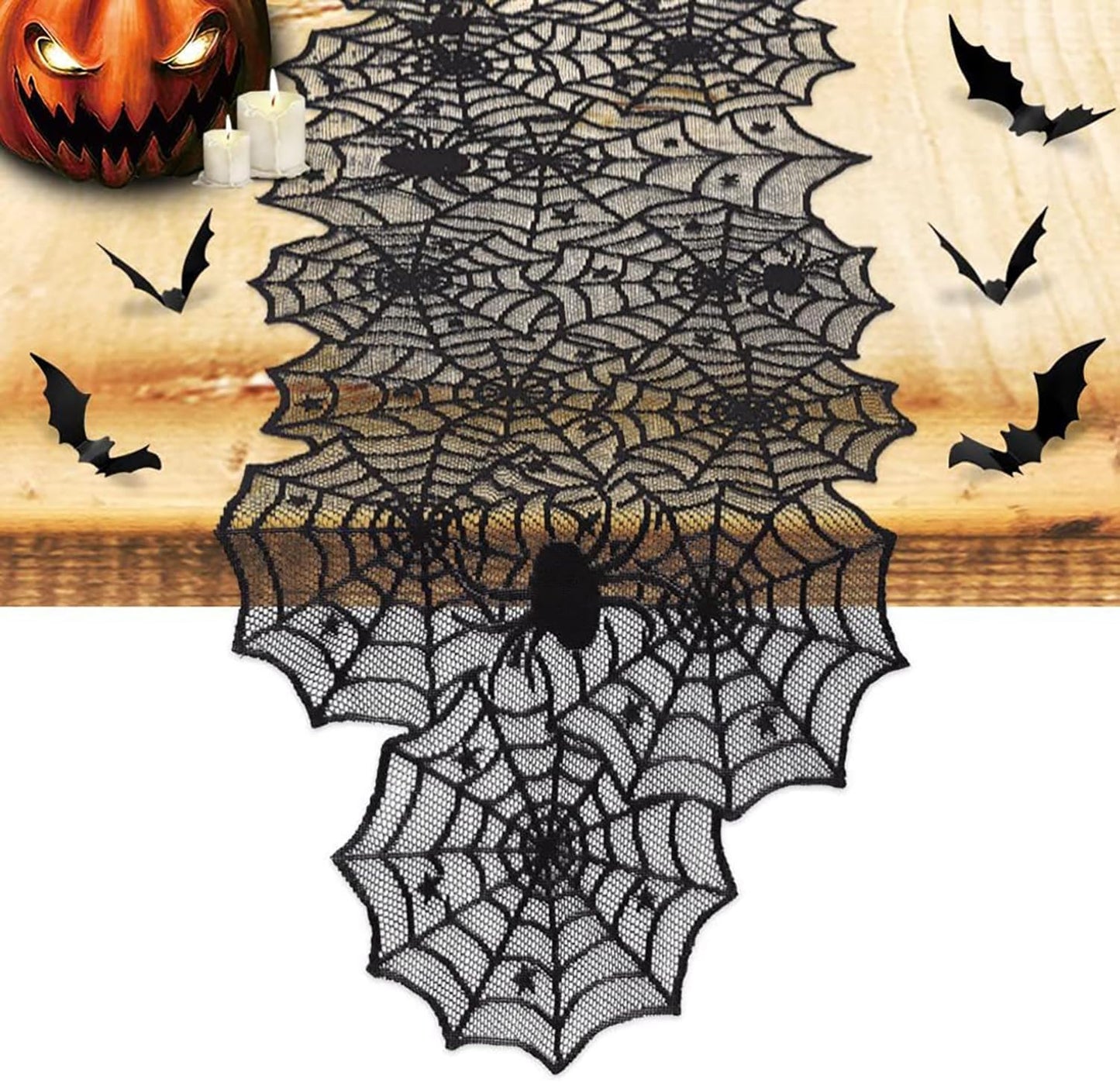 1-Pack Halloween Table Runner, Black Spider Stars Lace Table Runner, Gothic Kitchen Decor, Fall-Themed Party Decorations, Spider Web Reusable Home Accent, 18 x 72 Inches