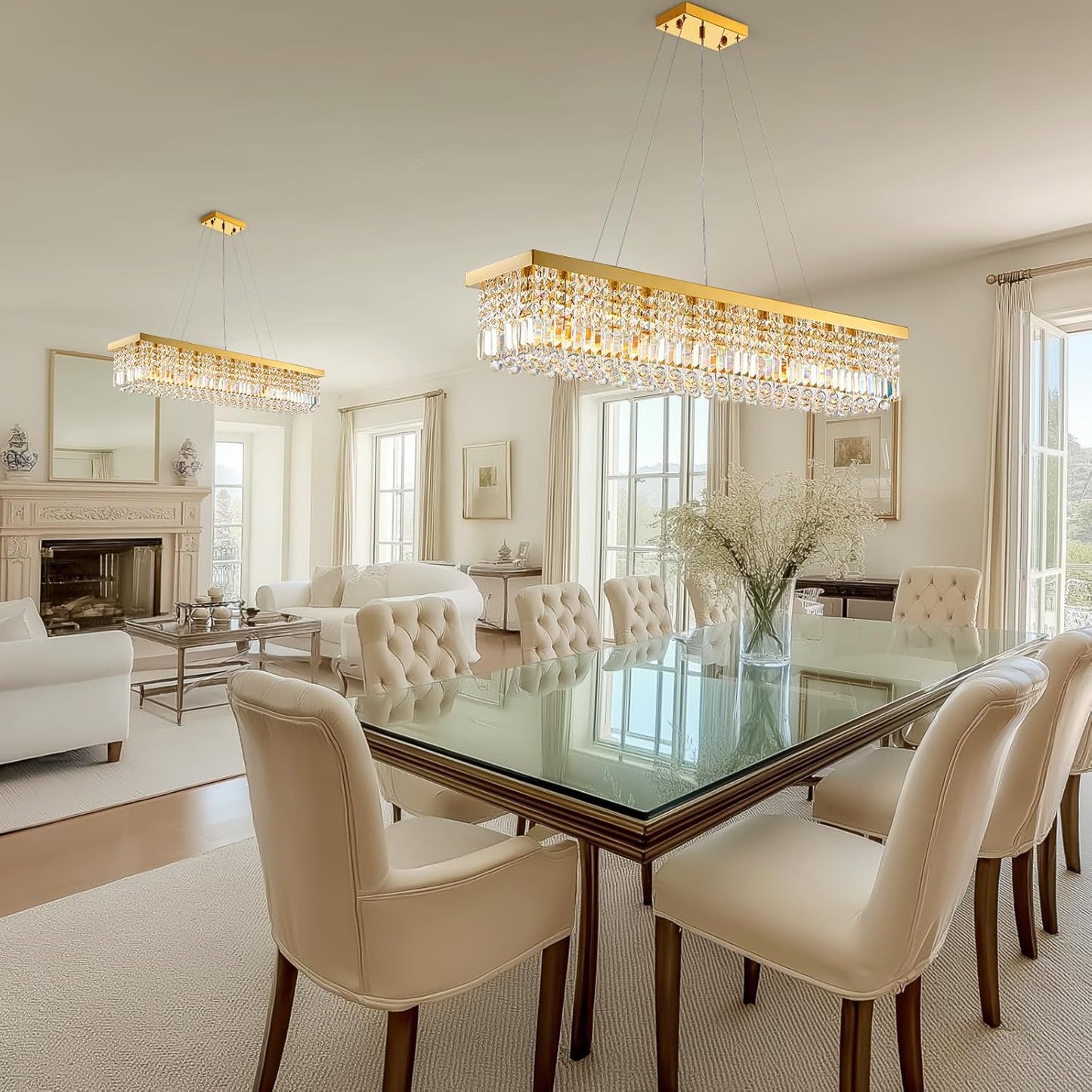 10 Lights Modern Crystal Chandelier, Gold K9 Rectangle Rectangular Chandeliers,Luxury Flush Mount Pendant Ceiling Light for Dining Room Kitchen Island L47''xW10''xH10''