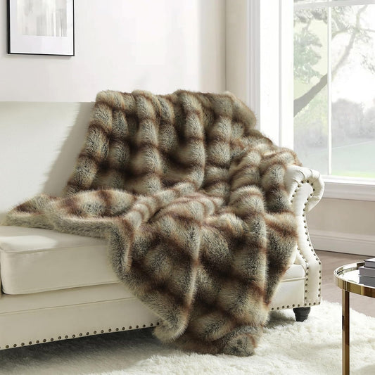 HORIMOTE HOME Luxury Plush Blanket, Soft & Cozy Fur Throw Blanket for Couch, Bed and Sofa, Fluffy Faux Fur Throw, with Shed-Free Design, 50x60 Inches Decorative Blankets, Brown Taupe Stripes