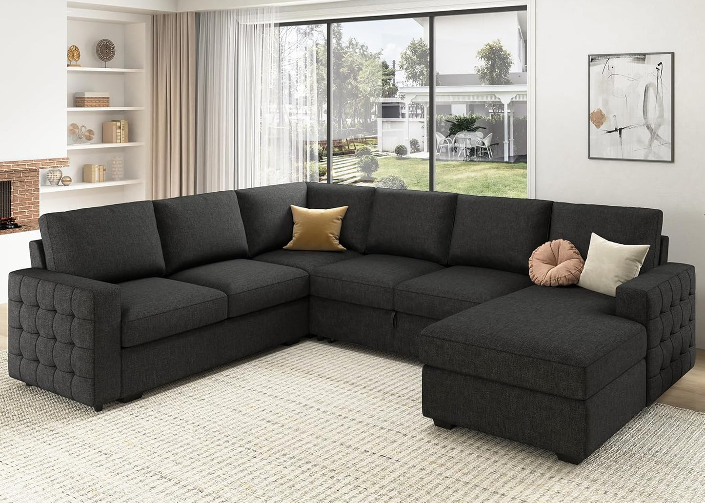 HONBAY Sectional Couch with Pull Out Bed, Sectional Sleeper Sofa with Storage, U Shape Couches for Living Room, Dark Grey