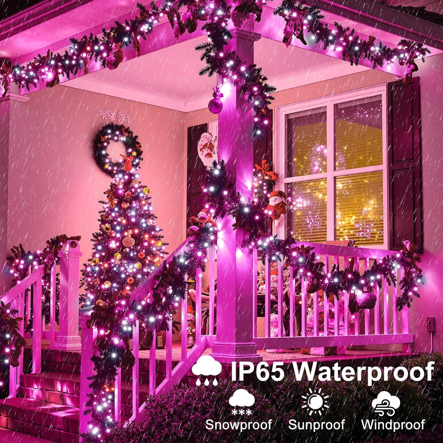 100FT 300 LED Christmas Lights, Christmas Tree Lights with 8 Modes Waterproof, Green Wire Outdoor String Lights, Plug in Xmas Decorations for Indoor House Yard Holiday, Pink White