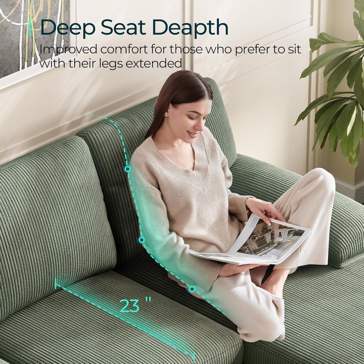 LINSY HOME Sectional Couch, 111'' W Corduroy U Shaped Sofa with Sleepable Armrests, 4 Seat Couch with Double Chaises, Deep Seat Sofa for Living Room, Army Green