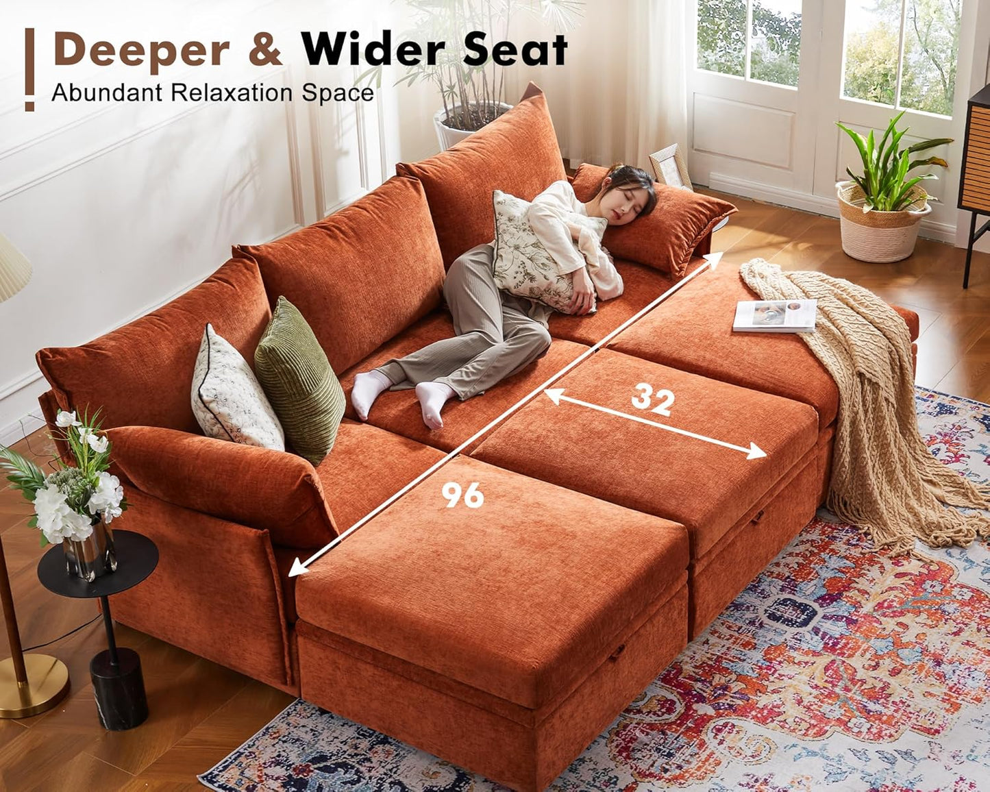 102.6" Modular Sectional Sofa, Oversized 3-Seater Terracotta Orange Couch with Removable Chenille Fabric Cover, Deep Seat & High Backrest for Living Room, Office & Apartment