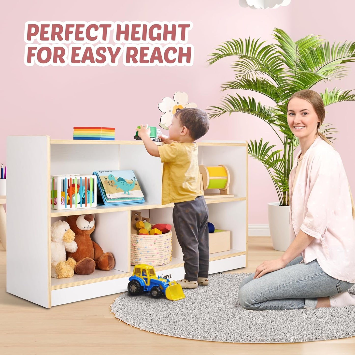 Toy Storage Organizer for Kids, 5-Compartment Wooden Storage Cabinet, Children Bookcase and Montessori Bookshelf, Book Shelf for Kids Room, Playroom, Living Room, Nursery, Classroom 24'' H(White)