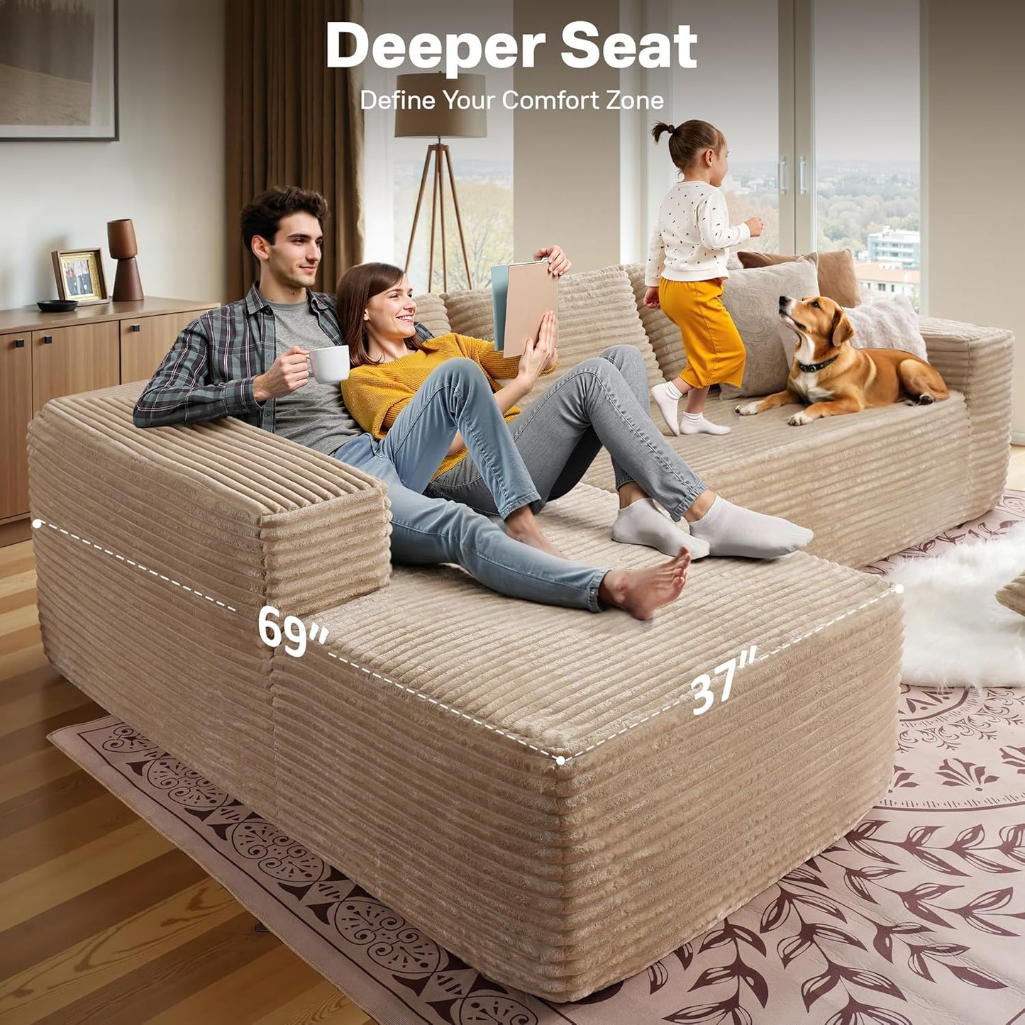 104" Cloud Sectional Couches for Living Room,L Shaped Boneless Couch in A Box,Sleeper Sofa with Comfy Chaise No Assembly Required,Beige