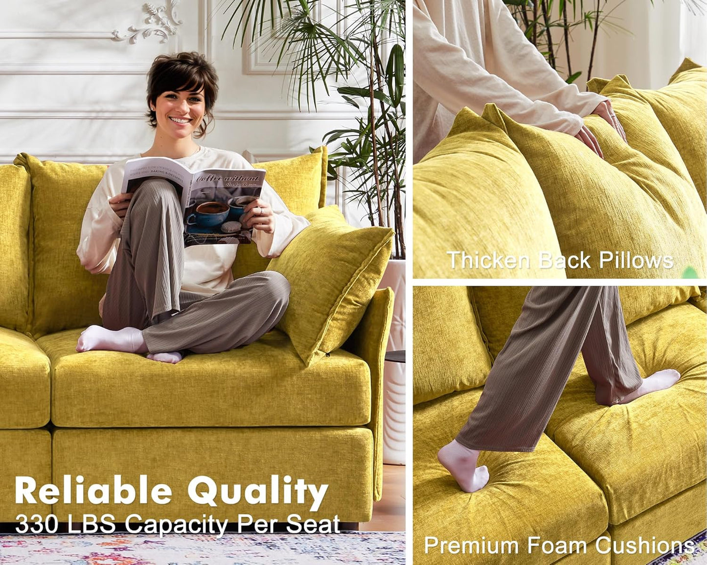 102.6" Luxury Modular Sleeper Sofa Bed 6 Seat Reversible Sectional Couch Deep Seat with Storage Chaises Removable Cover for Living Room, Apartment - Chenille Yellow